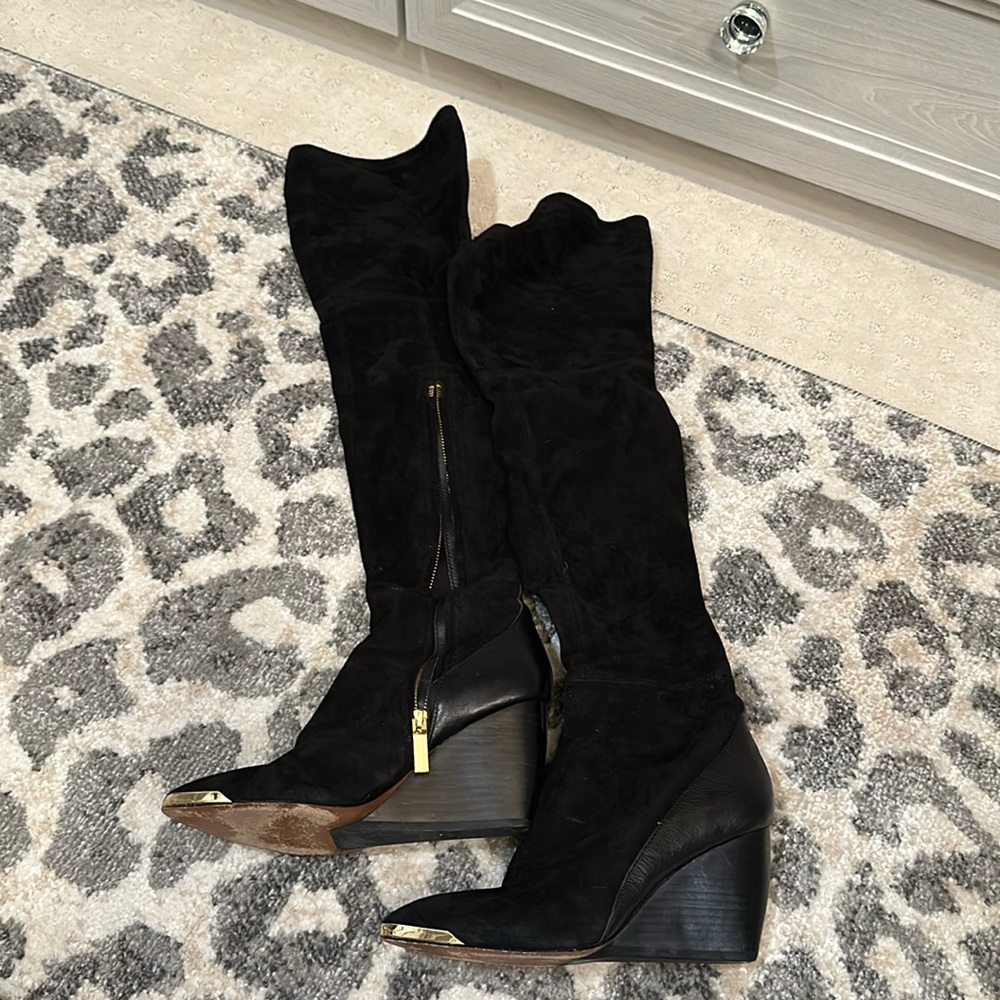 Rachel Zoe gold tipped suede OTK boots